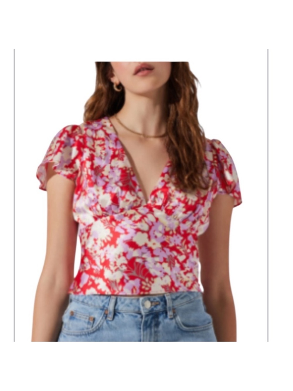 Astr Red and White Flutter Sleeve Floral Blouse size XS